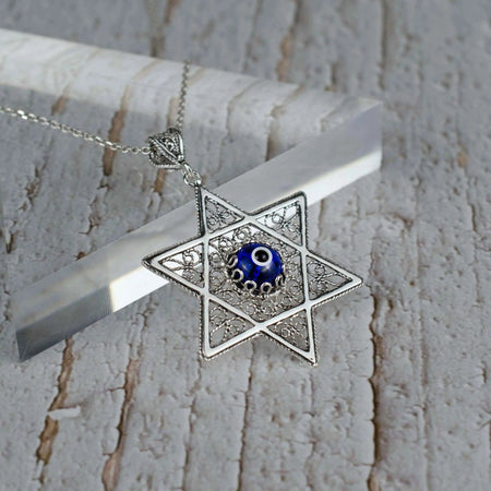 Filigree Art Evil Eye Stone Star of David Women Silver Pendant Necklace - Drakoi Marketplace