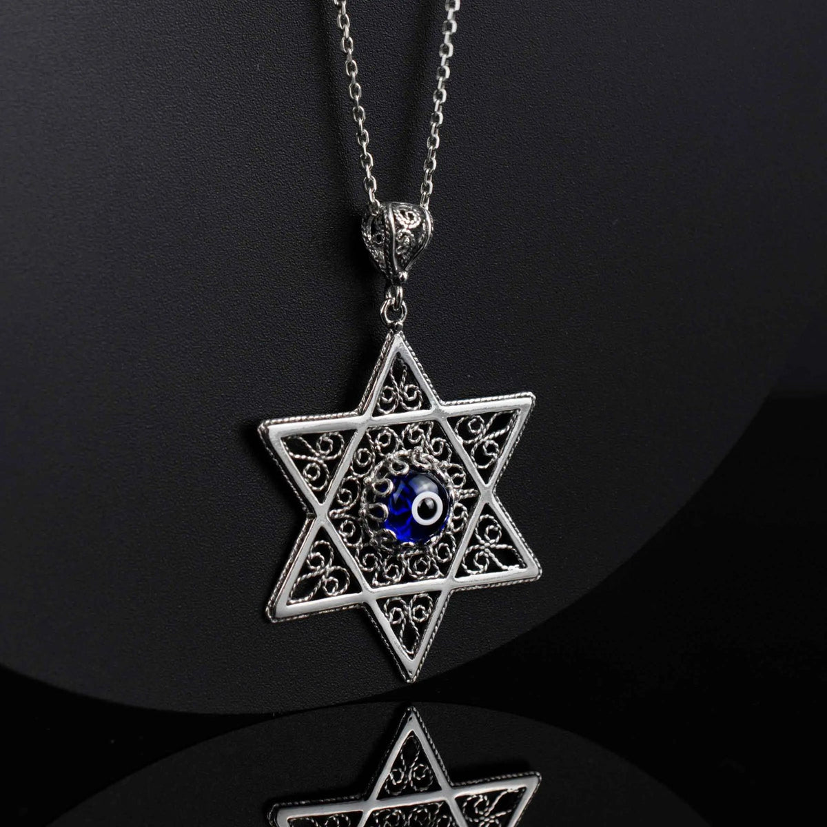 Filigree Art Evil Eye Stone Star of David Women Silver Pendant Necklace - Drakoi Marketplace