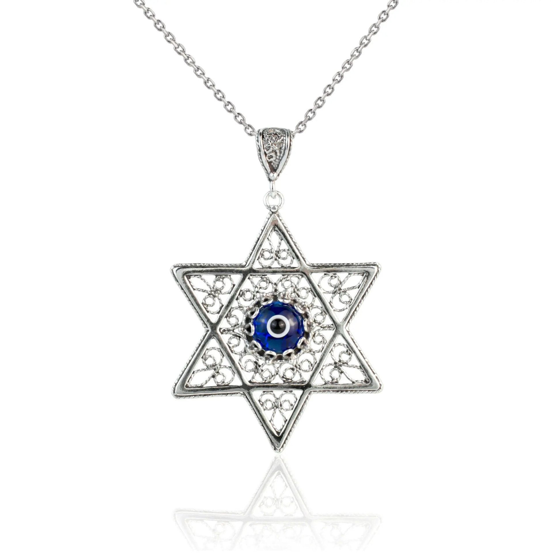 Filigree Art Evil Eye Stone Star of David Women Silver Pendant Necklace - Drakoi Marketplace