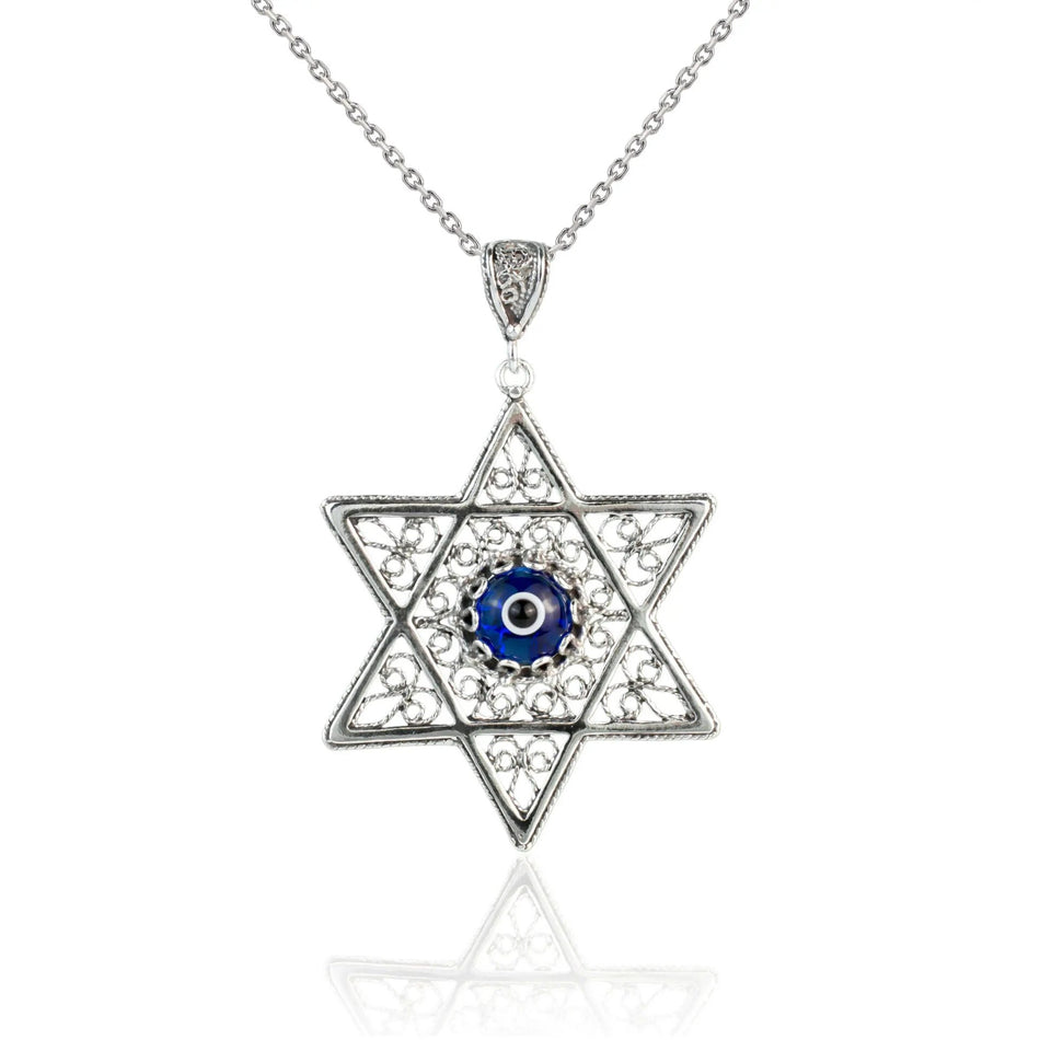 Filigree Art Evil Eye Stone Star of David Women Silver Pendant Necklace - Drakoi Marketplace