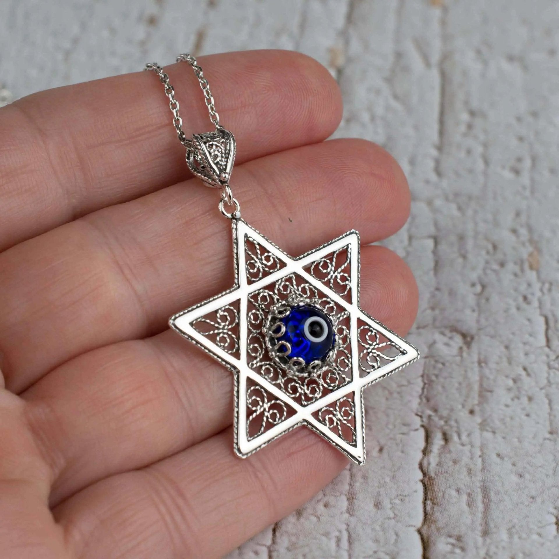 Filigree Art Evil Eye Stone Star of David Women Silver Pendant Necklace - Drakoi Marketplace