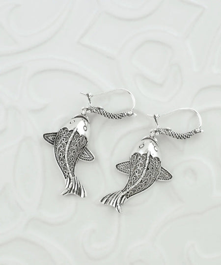 Filigree Art Fish Design Women Silver Dangle Drop Earrings - Drakoi Marketplace