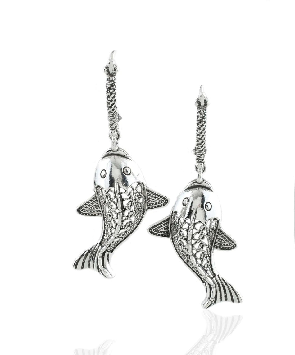 Filigree Art Fish Design Women Silver Dangle Drop Earrings - Drakoi Marketplace