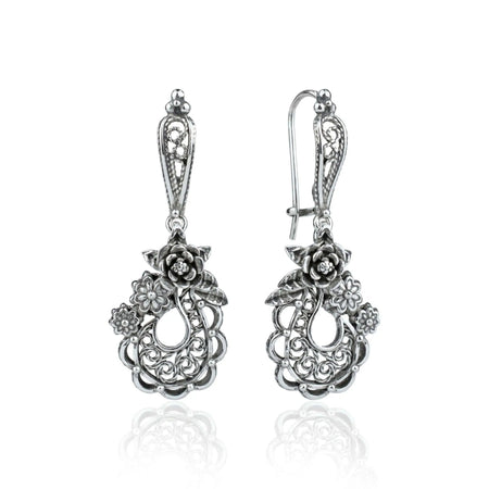 Filigree Art Flower Bucket Women Sterling Silver Dangle Drop Earrings - Drakoi Marketplace