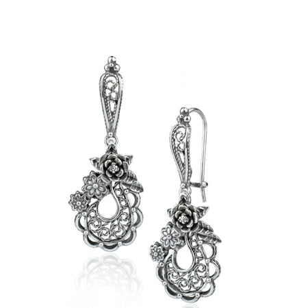 Filigree Art Flower Bucket Women Sterling Silver Dangle Drop Earrings - Drakoi Marketplace