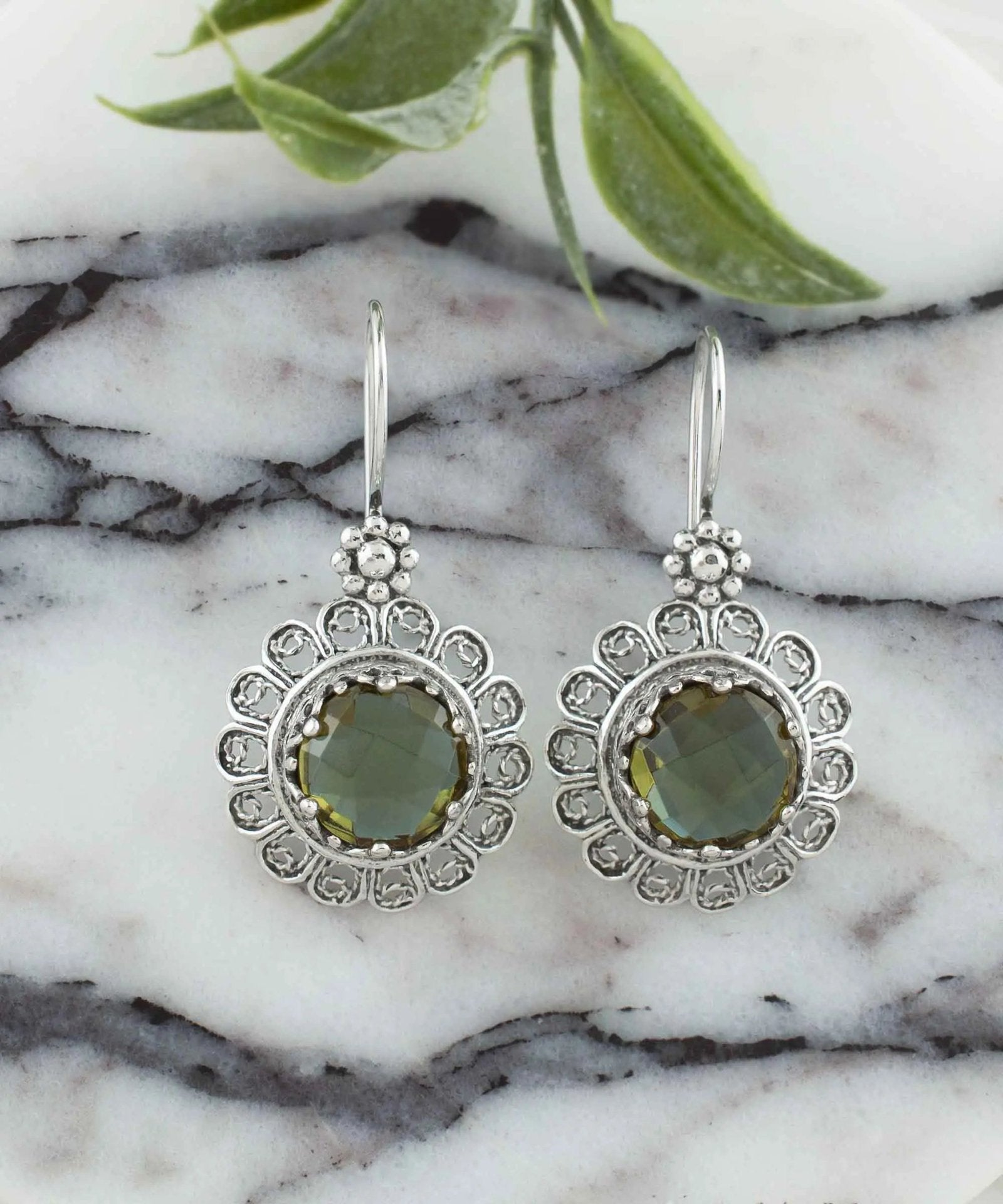 Filigree Art Flower Design Alexandrite Gemstone Women Silver Drop Earrings - Drakoi Marketplace