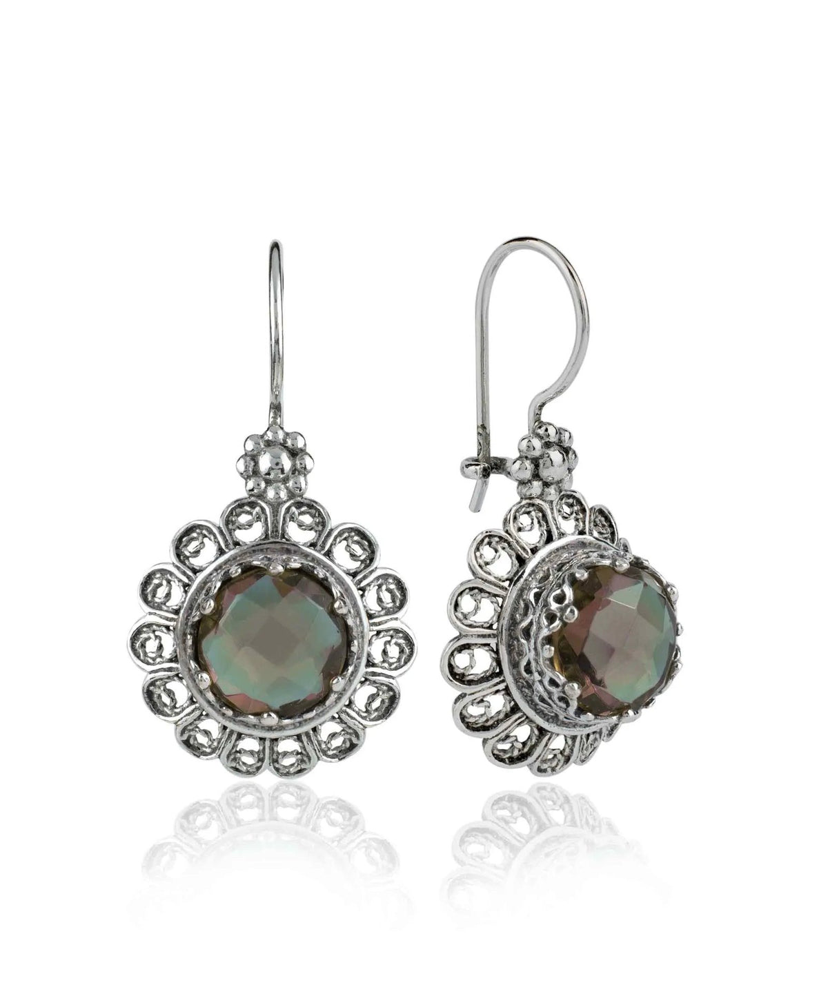 Filigree Art Flower Design Alexandrite Gemstone Women Silver Drop Earrings - Drakoi Marketplace