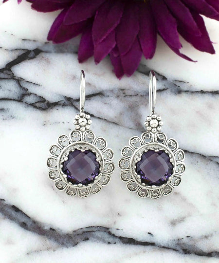 Filigree Art Flower Design Amethyst Gemstone Women Silver Drop Earrings - Drakoi Marketplace