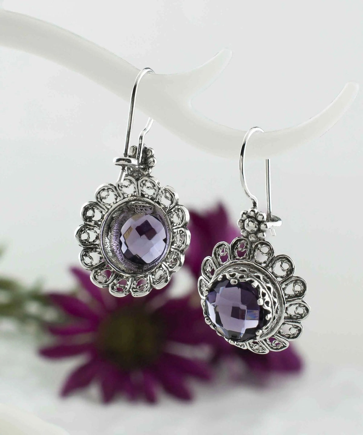 Filigree Art Flower Design Amethyst Gemstone Women Silver Drop Earrings - Drakoi Marketplace