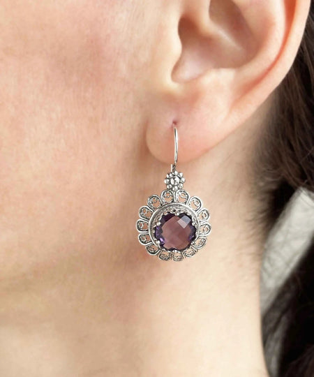 Filigree Art Flower Design Amethyst Gemstone Women Silver Drop Earrings - Drakoi Marketplace