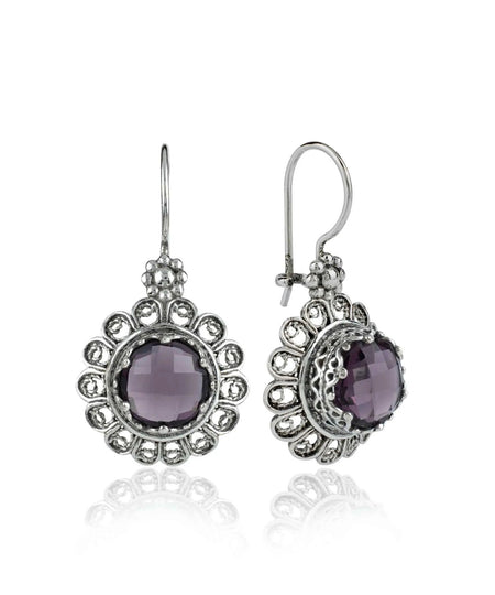 Filigree Art Flower Design Amethyst Gemstone Women Silver Drop Earrings - Drakoi Marketplace