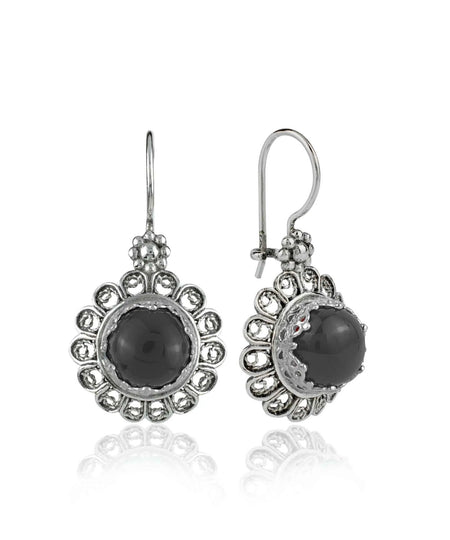 Filigree Art Flower Design Black Onyx Gemstone Women Silver Drop Earrings - Drakoi Marketplace