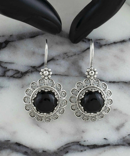 Filigree Art Flower Design Black Onyx Gemstone Women Silver Drop Earrings - Drakoi Marketplace