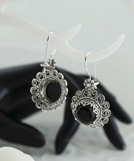 Filigree Art Flower Design Black Onyx Gemstone Women Silver Drop Earrings - Drakoi Marketplace