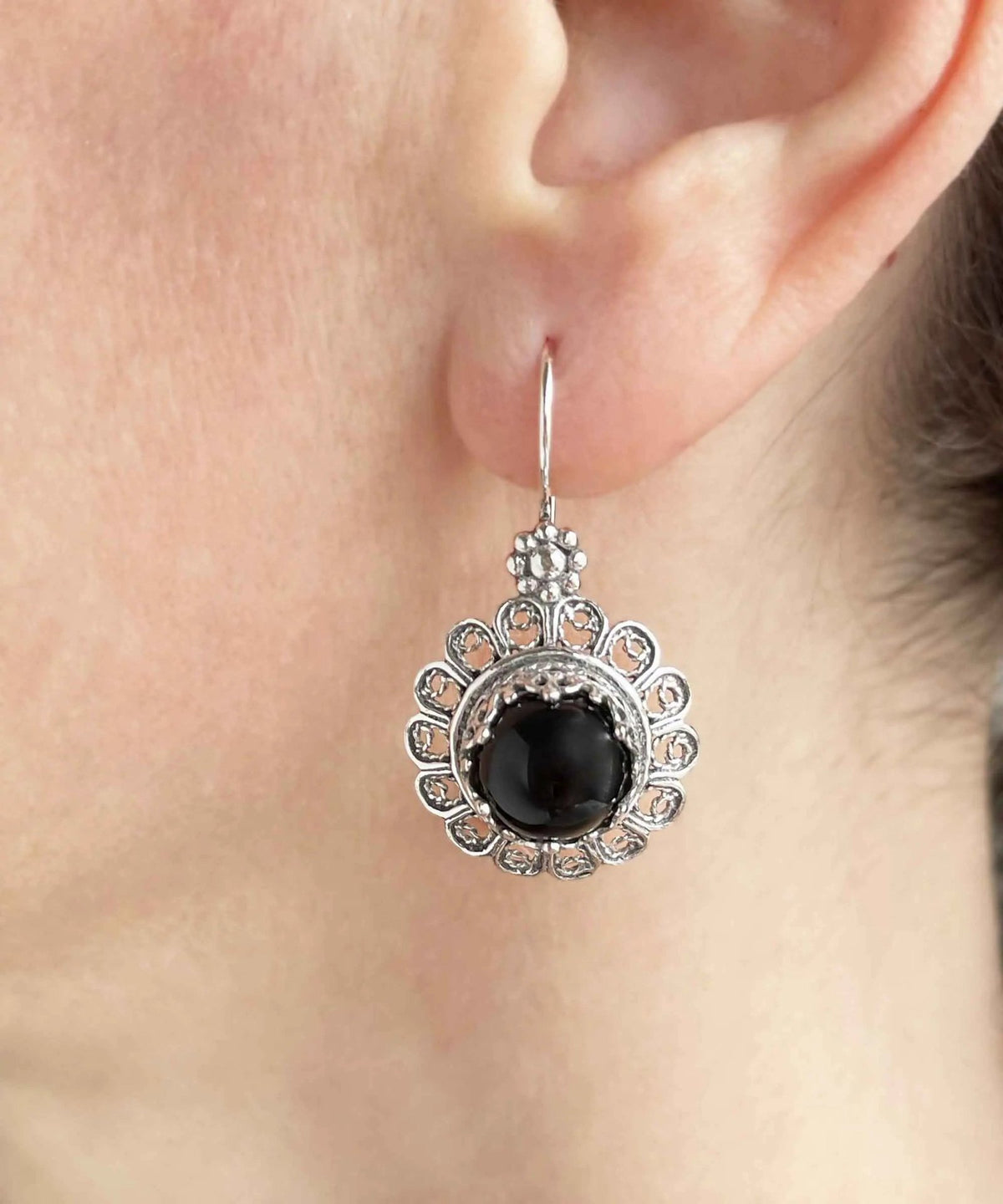 Filigree Art Flower Design Black Onyx Gemstone Women Silver Drop Earrings - Drakoi Marketplace