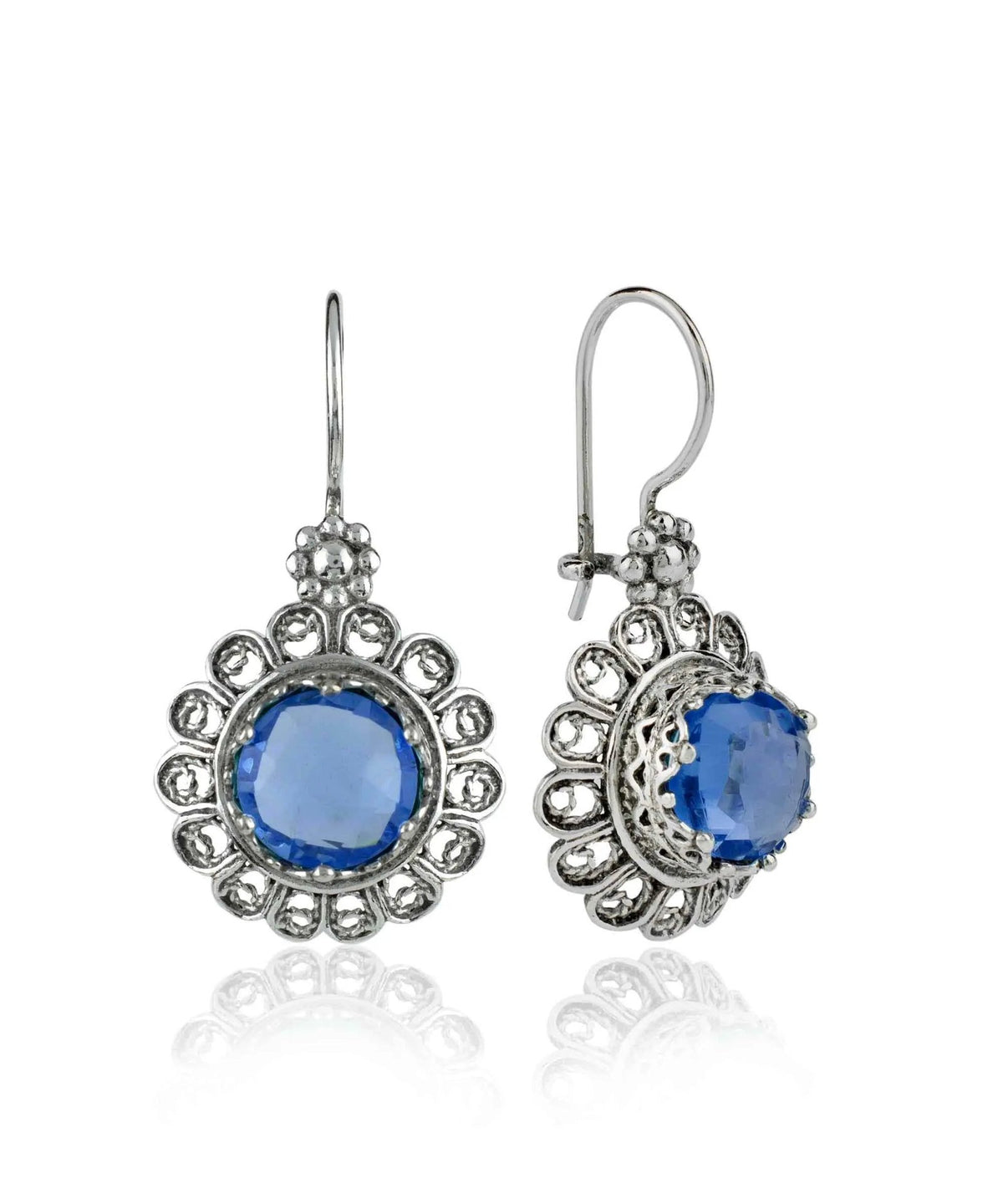 Filigree Art Flower Design Blue Quartz Gemstone Women Silver Drop Earrings - Drakoi Marketplace