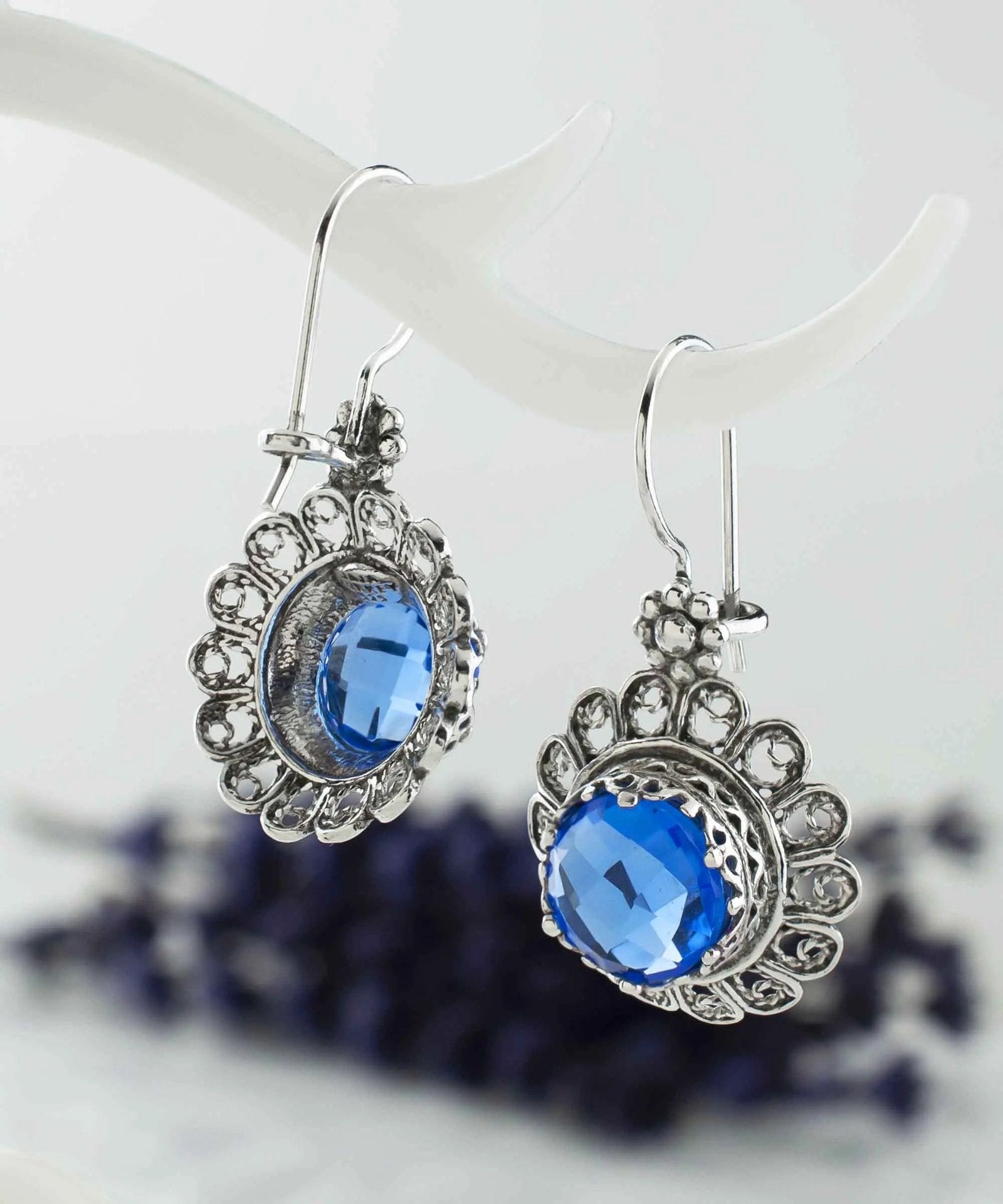 Filigree Art Flower Design Blue Quartz Gemstone Women Silver Drop Earrings - Drakoi Marketplace