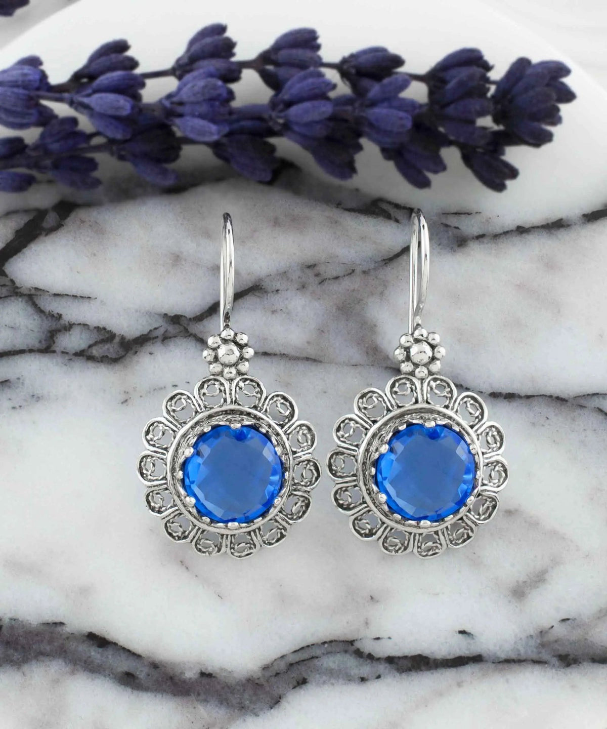 Filigree Art Flower Design Blue Quartz Gemstone Women Silver Drop Earrings - Drakoi Marketplace