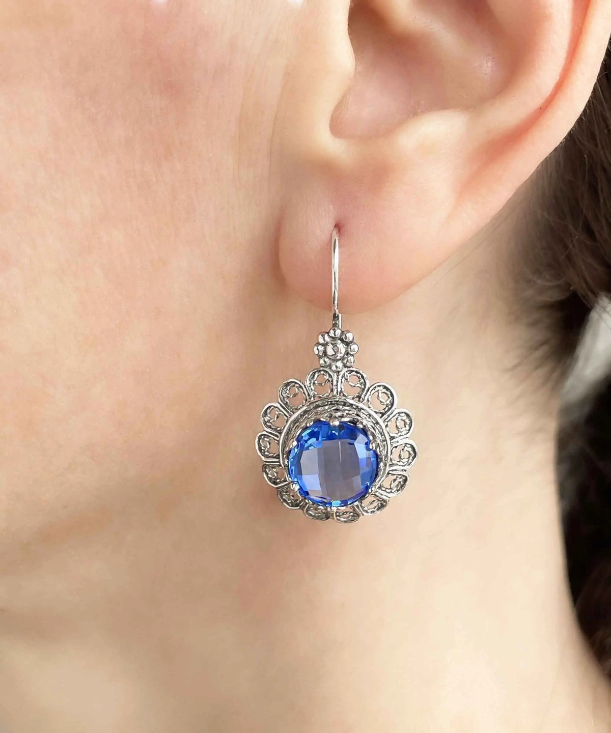 Filigree Art Flower Design Blue Quartz Gemstone Women Silver Drop Earrings - Drakoi Marketplace