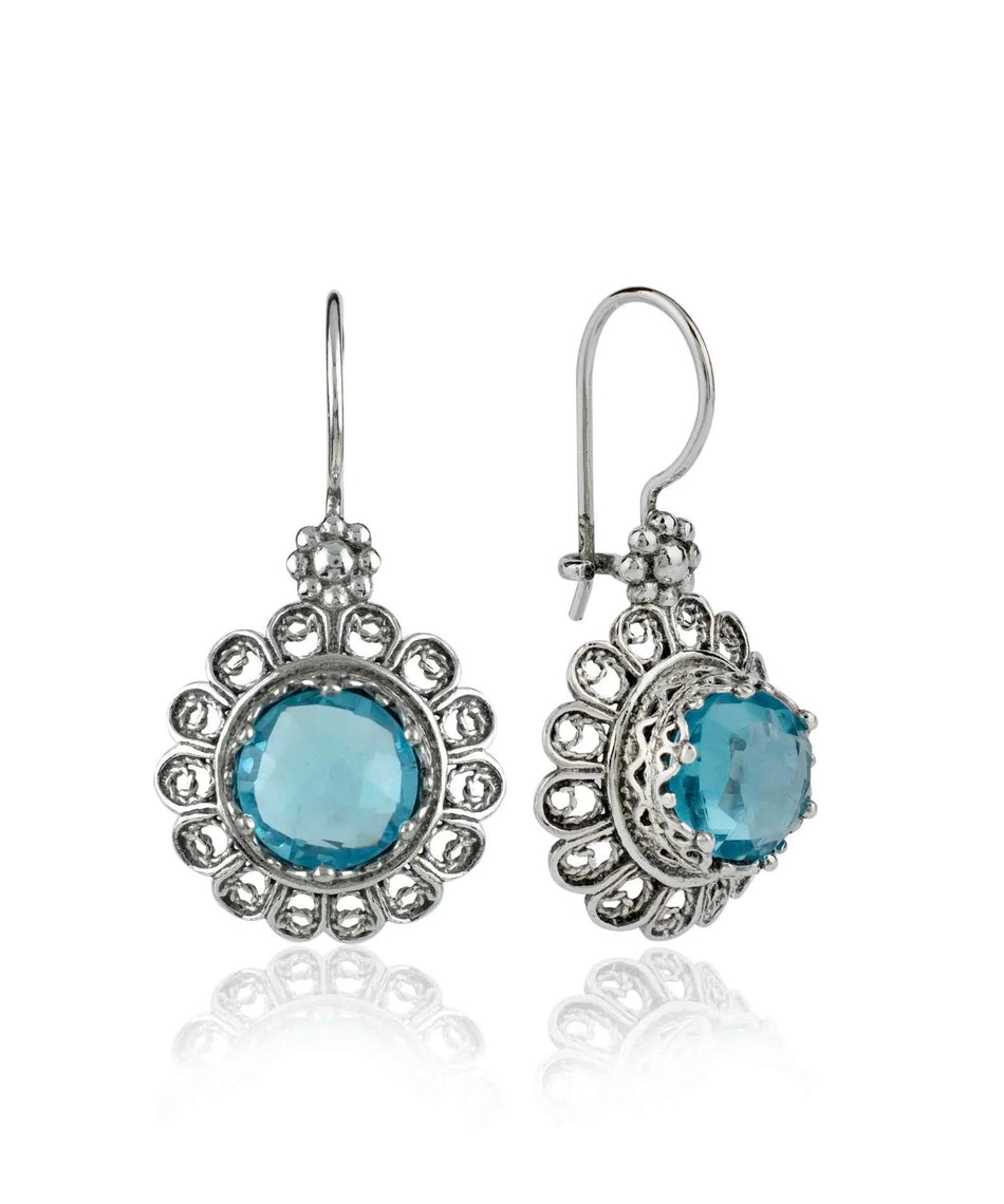 Filigree Art Flower Design Blue Topaz Gemstone Women Silver Drop Earrings - Drakoi Marketplace