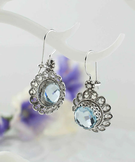 Filigree Art Flower Design Blue Topaz Gemstone Women Silver Drop Earrings - Drakoi Marketplace