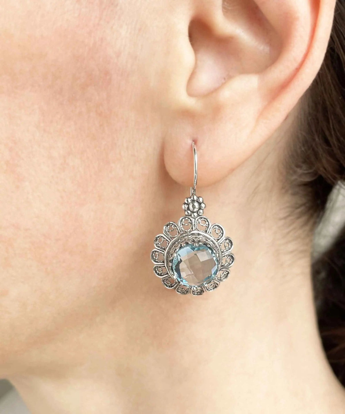 Filigree Art Flower Design Blue Topaz Gemstone Women Silver Drop Earrings - Drakoi Marketplace