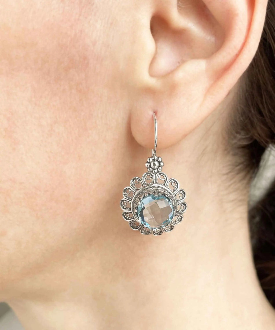 Filigree Art Flower Design Blue Topaz Gemstone Women Silver Drop Earrings - Drakoi Marketplace