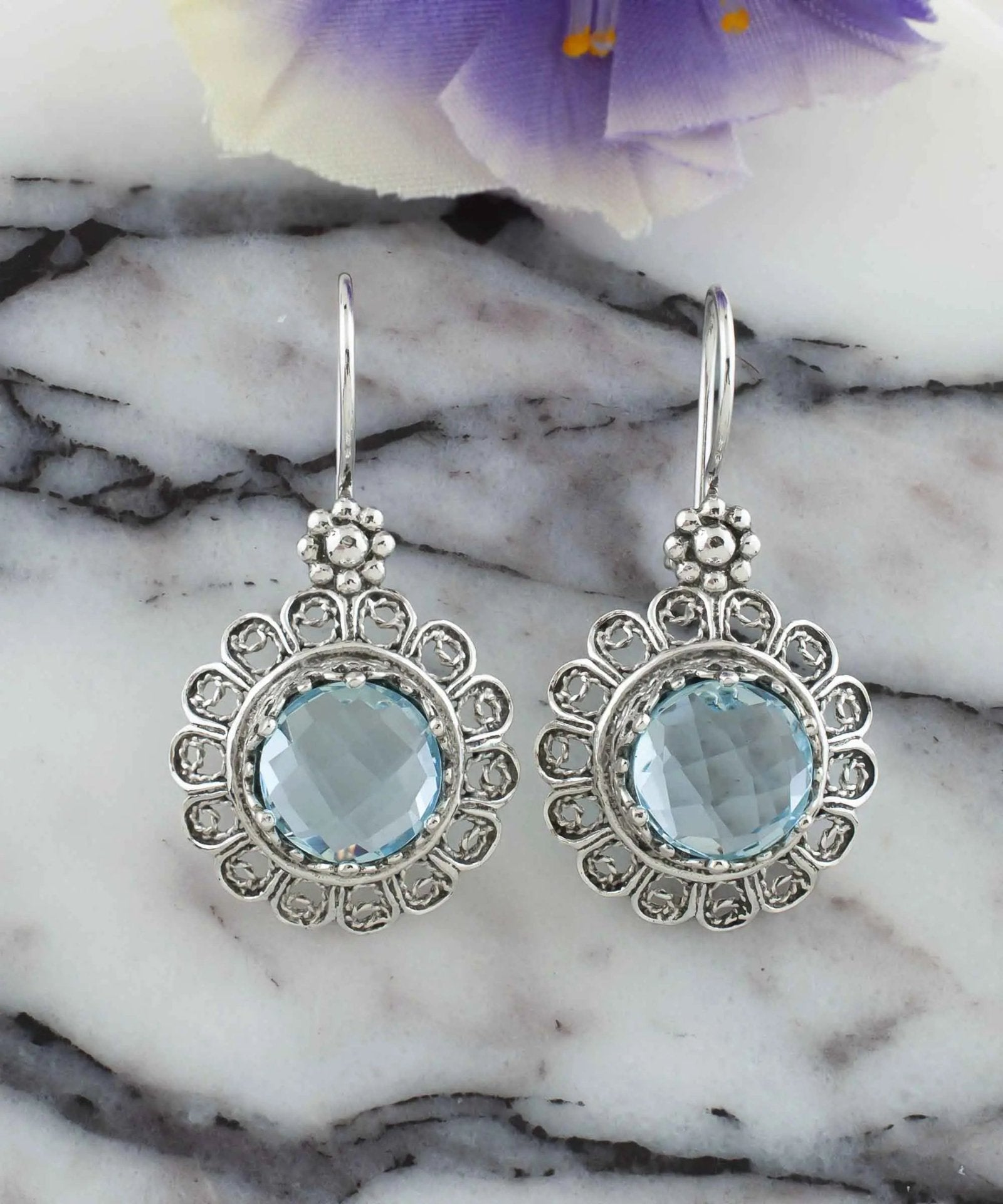 Filigree Art Flower Design Blue Topaz Gemstone Women Silver Drop Earrings - Drakoi Marketplace