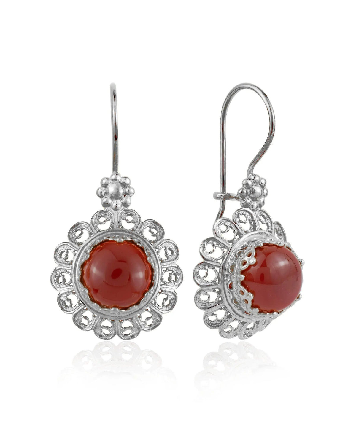 Filigree Art Flower Design Carnelian Gemstone Women Silver Drop Earrings - Drakoi Marketplace