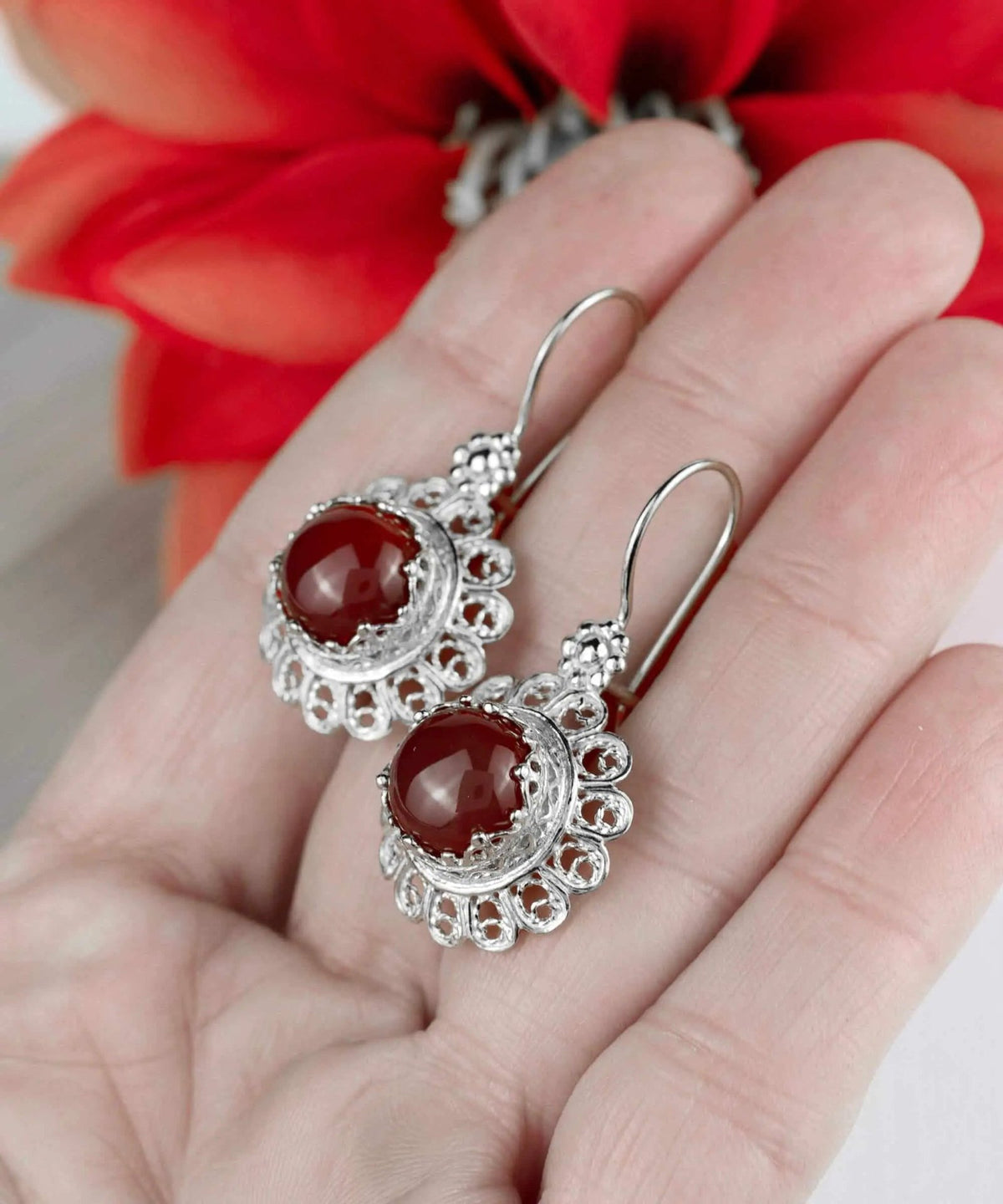 Filigree Art Flower Design Carnelian Gemstone Women Silver Drop Earrings - Drakoi Marketplace