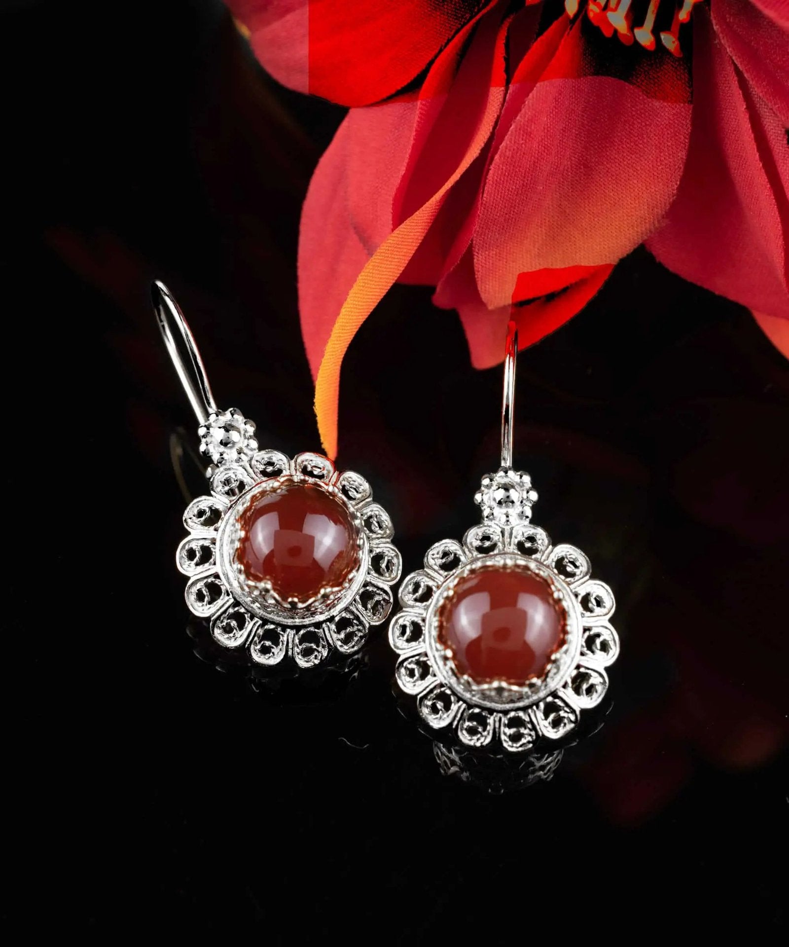 Filigree Art Flower Design Carnelian Gemstone Women Silver Drop Earrings - Drakoi Marketplace