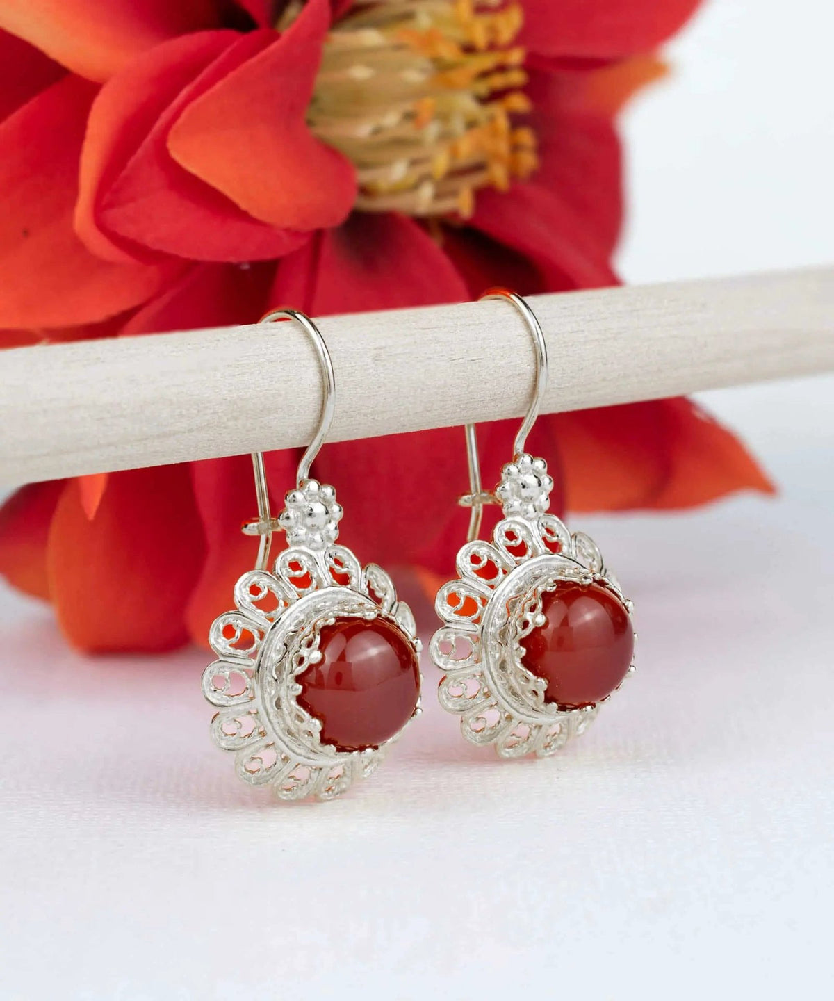 Filigree Art Flower Design Carnelian Gemstone Women Silver Drop Earrings - Drakoi Marketplace