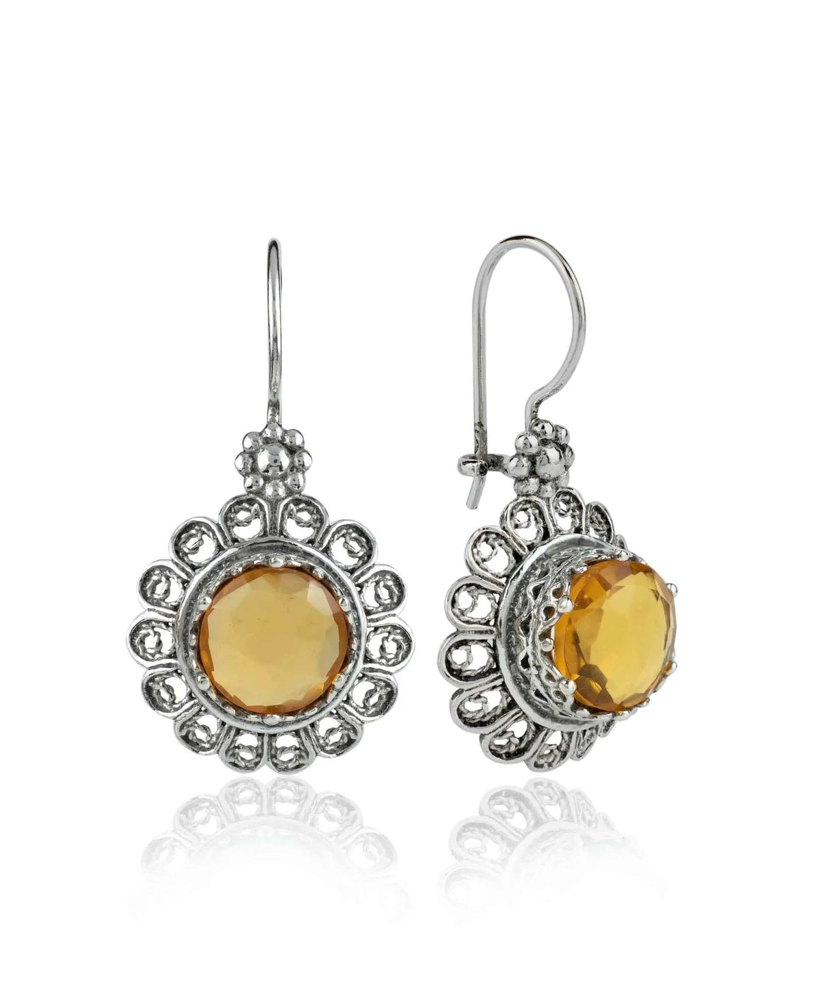 Filigree Art Flower Design Citrine Gemstone Women Silver Drop Earrings - Drakoi Marketplace