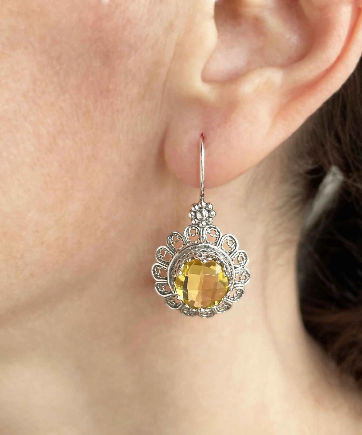 Filigree Art Flower Design Citrine Gemstone Women Silver Drop Earrings - Drakoi Marketplace