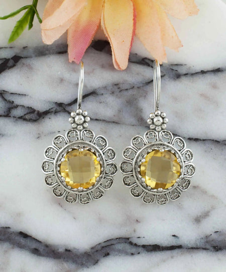 Filigree Art Flower Design Citrine Gemstone Women Silver Drop Earrings - Drakoi Marketplace