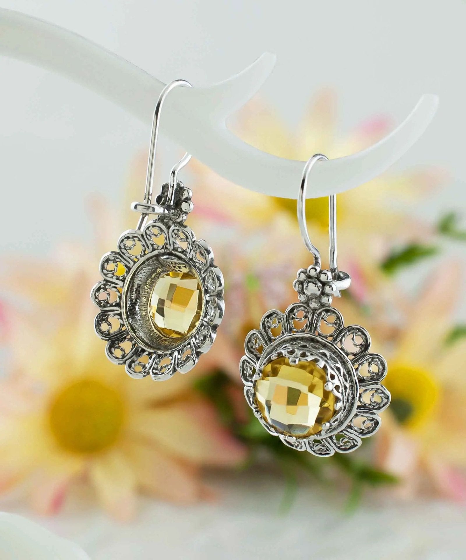 Filigree Art Flower Design Citrine Gemstone Women Silver Drop Earrings - Drakoi Marketplace