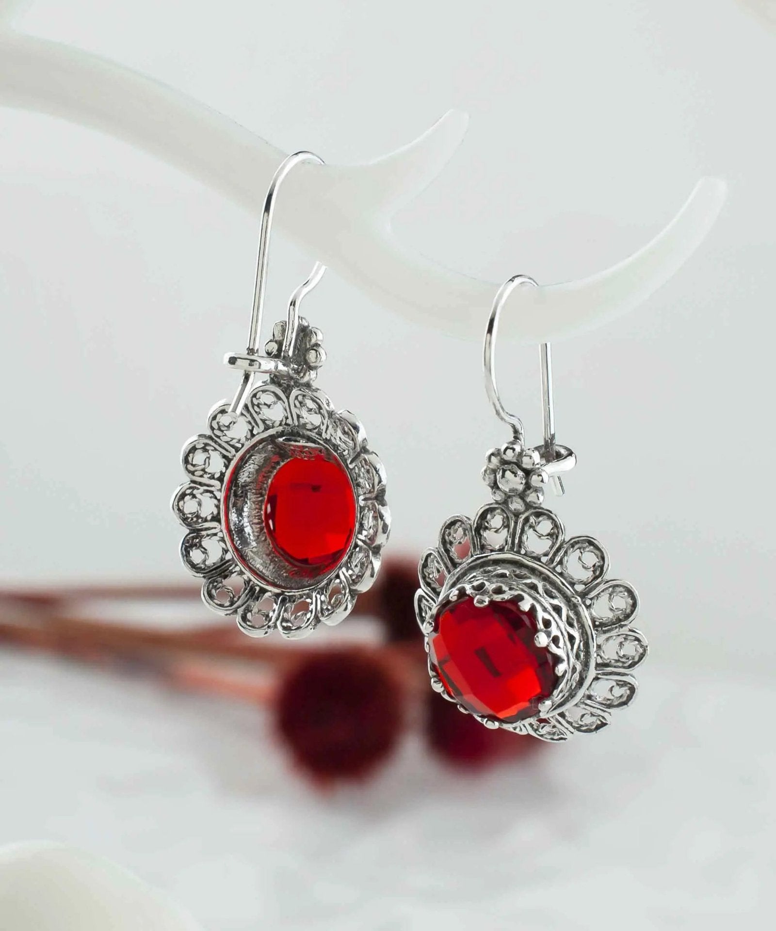 Filigree Art Flower Design Ruby Gemstone Women Silver Drop Earrings - Drakoi Marketplace