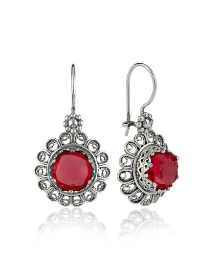 Filigree Art Flower Design Ruby Gemstone Women Silver Drop Earrings - Drakoi Marketplace