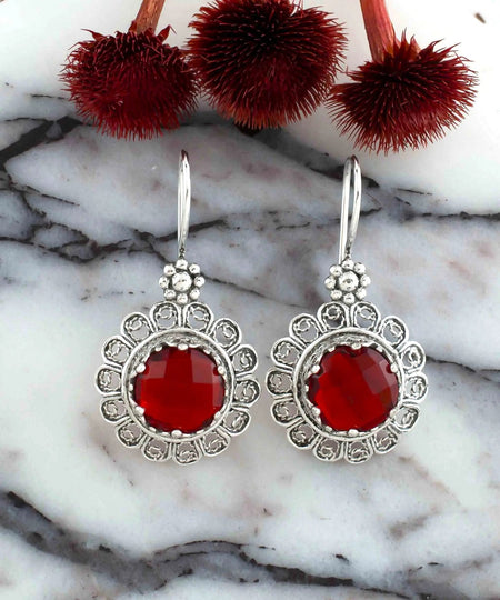 Filigree Art Flower Design Ruby Gemstone Women Silver Drop Earrings - Drakoi Marketplace