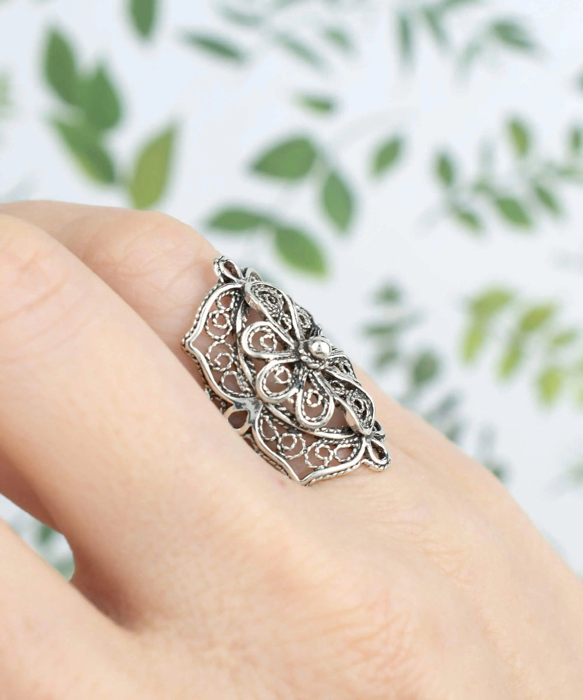 Filigree Art Flower Design Woman Silver Statement Ring - Drakoi Marketplace