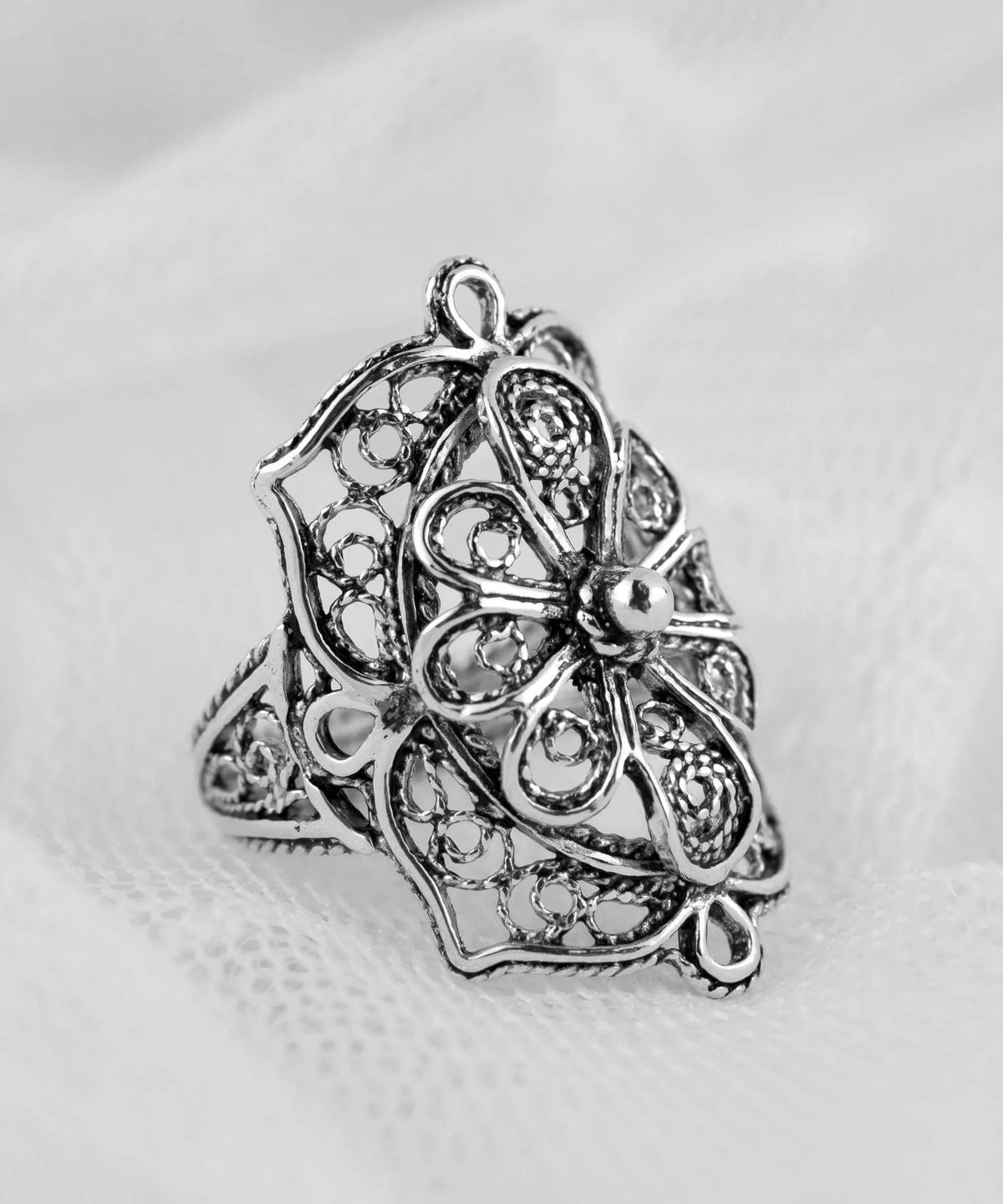 Filigree Art Flower Design Woman Silver Statement Ring - Drakoi Marketplace