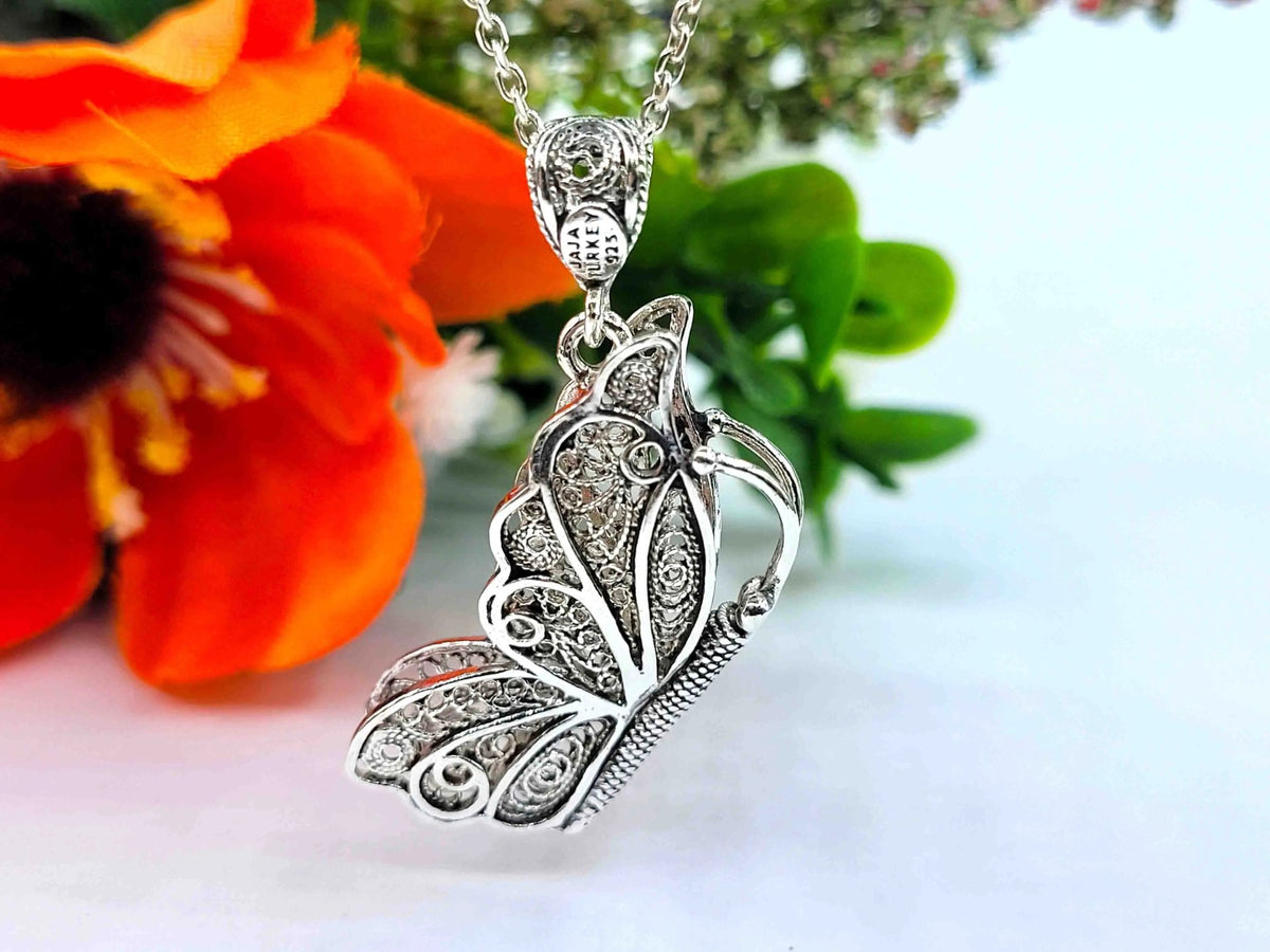 Filigree Art Flying Butterfly Figured Women Silver Pendant Necklace - Drakoi Marketplace