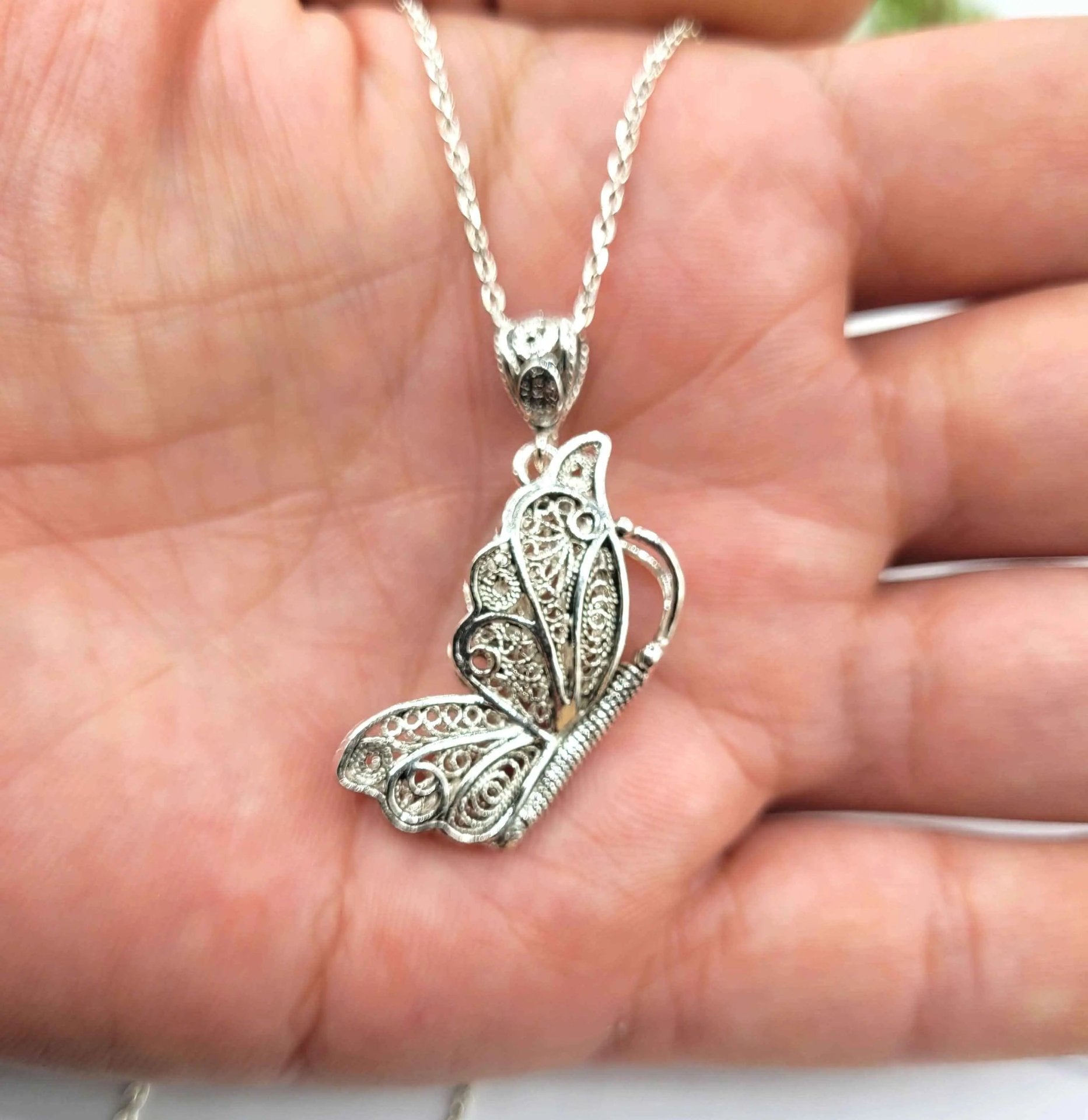 Filigree Art Flying Butterfly Figured Women Silver Pendant Necklace - Drakoi Marketplace