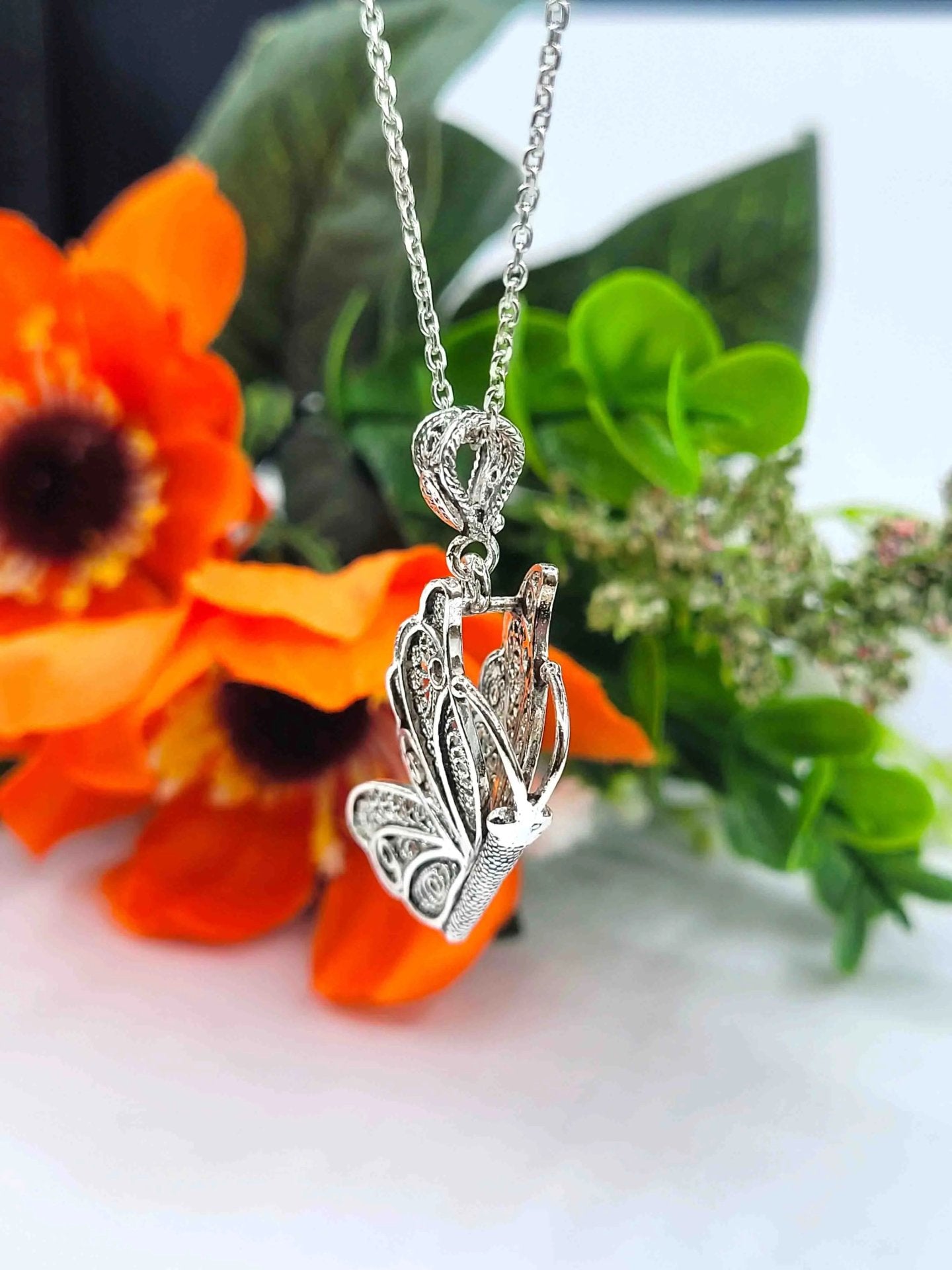 Filigree Art Flying Butterfly Figured Women Silver Pendant Necklace - Drakoi Marketplace