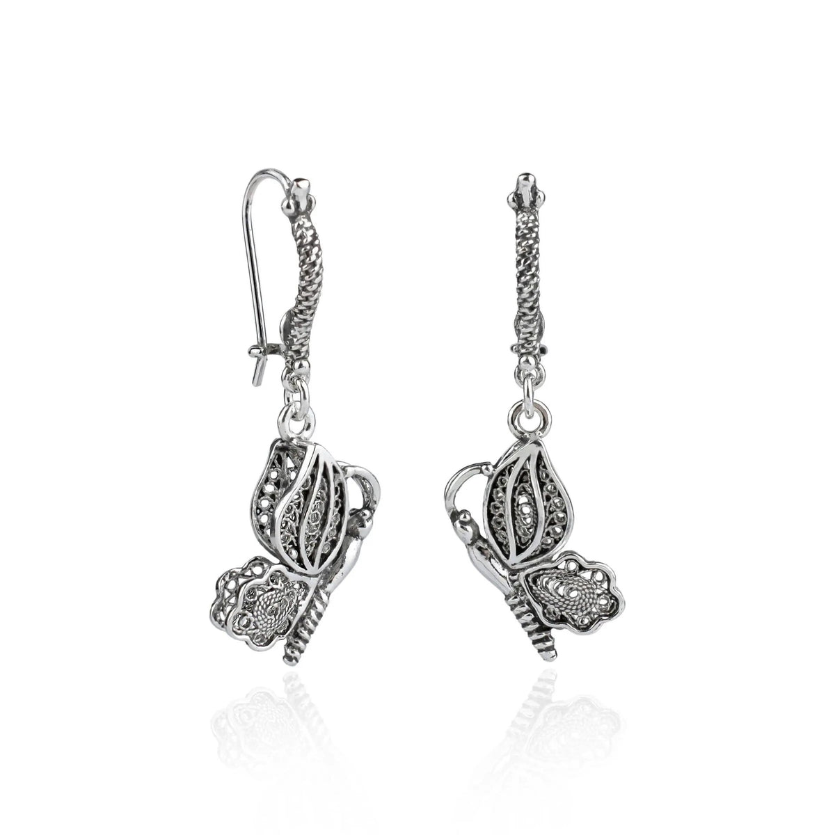 Filigree Art Flying Butterfly Women Silver Dangle Drop Earrings - Drakoi Marketplace