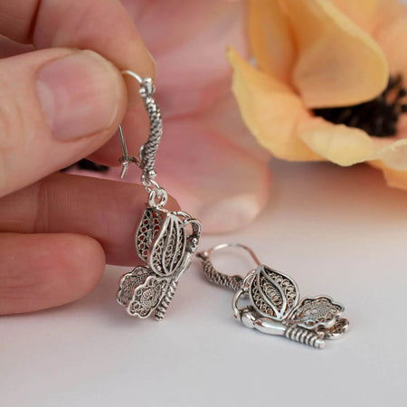 Filigree Art Flying Butterfly Women Silver Dangle Drop Earrings - Drakoi Marketplace