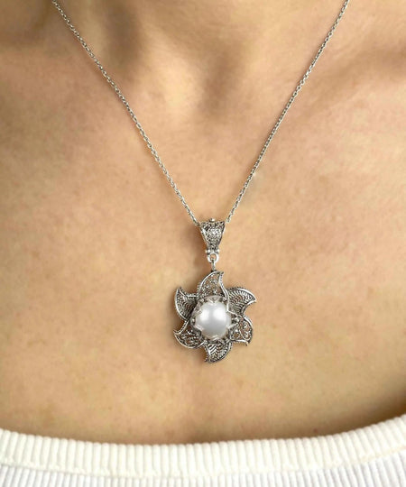 Filigree Art Freshwater Pearl Blossoming Lotus Flower Women Silver Pendant Necklace - Drakoi Marketplace