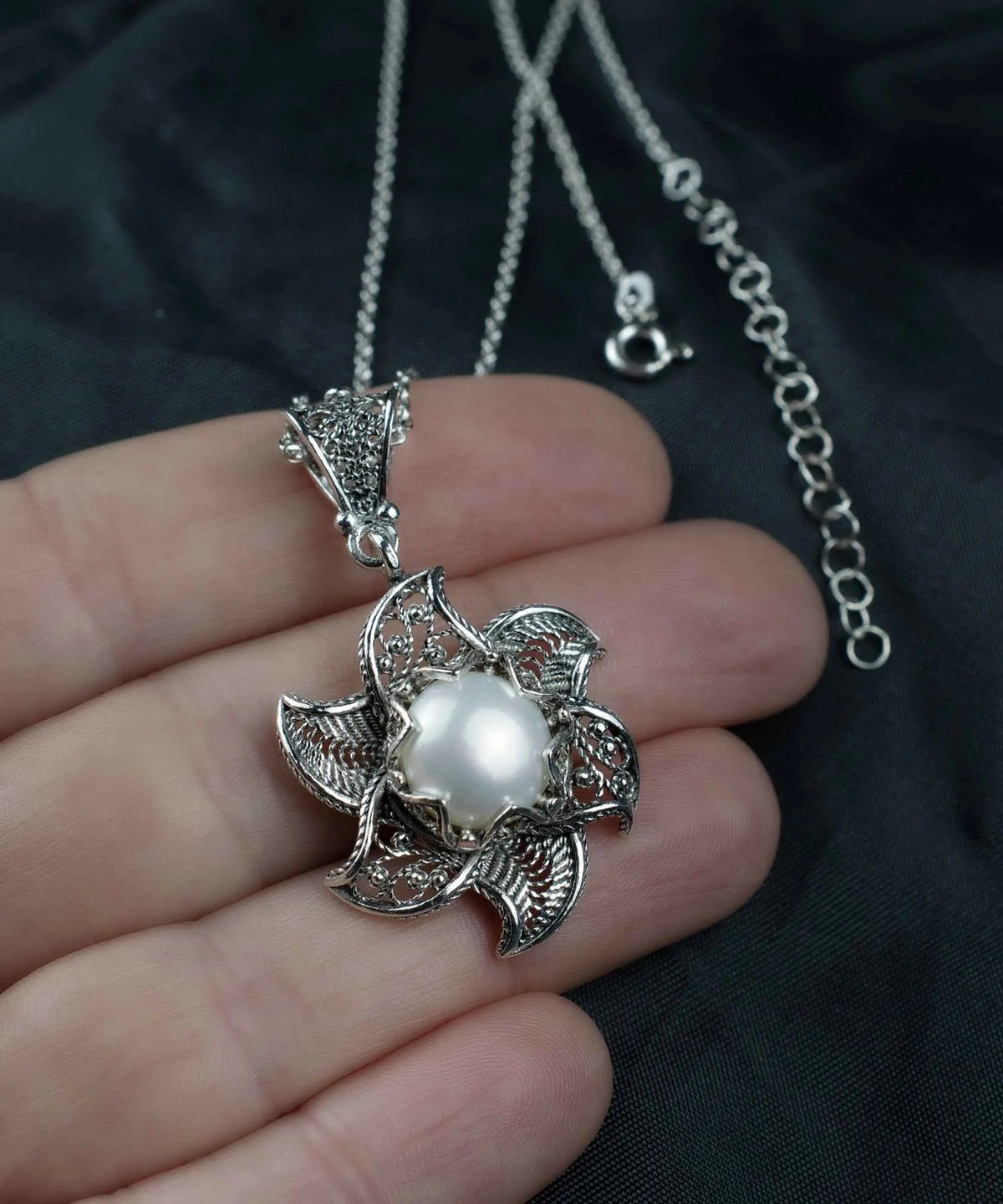 Filigree Art Freshwater Pearl Blossoming Lotus Flower Women Silver Pendant Necklace - Drakoi Marketplace