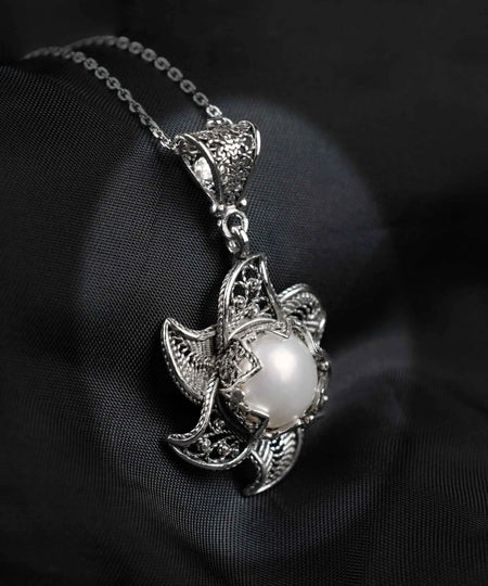 Filigree Art Freshwater Pearl Blossoming Lotus Flower Women Silver Pendant Necklace - Drakoi Marketplace