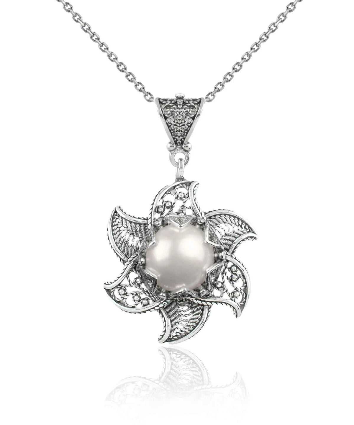 Filigree Art Freshwater Pearl Blossoming Lotus Flower Women Silver Pendant Necklace - Drakoi Marketplace